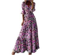 Summer Dresses for Women 2024 Party Elegant Boho Floral Print Dress V-Neck Half Sleeve Maxi Dresses Ladies Trendy Tunic Dresses Beach Holiday High Waist Swing Flowy Sundress Long Dresses Plus Size