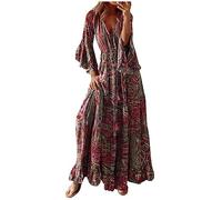 Summer Dresses for Women 2024 Party Elegant Boho Floral Print Dress V-Neck Half Sleeve Maxi Dresses Ladies Trendy Tunic Dresses Beach Holiday High Waist Swing Flowy Sundress Long Dresses Plus Size