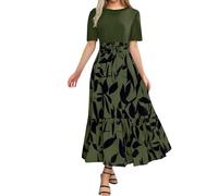 Summer Dresses for Women 2025 Floral Print Wrap Short Sleeve Maxi Dress Patchwork Ruffle Hem A-line Dress, Army Green, XL