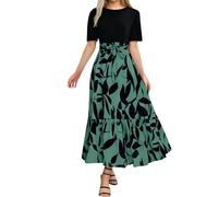 Summer Dresses for Women 2025 Floral Print Wrap Short Sleeve Maxi Dress Patchwork Ruffle Hem A-line Dress, Dark green, XL