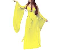 Summer Dresses for Women 2025 Ladies Solid Color Medieval Long Sleeve Chiffon Bell Sleeve Performance Costume Dress Black Dress for Women (Yellow, XXL)
