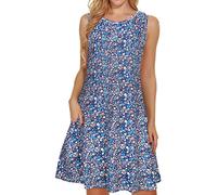 Summer Dresses for Women Beach Floral Tshirt Sundress Sleeveless Pockets Casual Loose Tank Dress, Blue Daisy, Medium