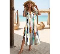 Summer Dresses for Women Casual V Neck Short Sleeve Watercolor Splash Print Maxi A Line Dress Beach Vacation Wear, Multicolor, Small