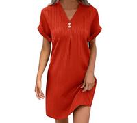 Summer Dresses for Women Cotton Casual V Neck Button Down T Shirt Dress Short Sleeve A-line Solid Color Midi Sundress Ladies Tunic Boho Holiday Beach Loose Plus Size Flowy Swing Womens Dresses