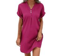 Summer Dresses for Women Cotton Casual V Neck Button Down T Shirt Dress Short Sleeve A-line Solid Color Midi Sundress Ladies Tunic Boho Holiday Beach Loose Plus Size Flowy Swing Womens Dresses