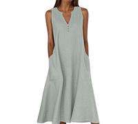 Summer Dresses for Women Cotton Linen V Neck Button Sleeveless Dress Casual Solid Maxi Loose Fit Beach Sundress with Pockets Long Summer Dresses for Women UK Navy Gray XXL