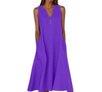 Summer Dresses for Women Cotton Linen V Neck Button Sleeveless Dress Casual Solid Maxi Loose Fit Beach Sundress with Pockets Italian Linen Dresses Purple L