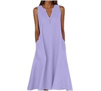 Summer Dresses for Women Cotton Linen V Neck Button Sleeveless Dress Casual Solid Maxi Loose Fit Beach Sundress with Pockets Floral Dress Long Purple M