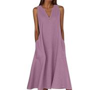 Summer Dresses for Women Cotton Linen V Neck Button Sleeveless Dress Casual Solid Maxi Loose Fit Beach Sundress with Pockets Cotton Beach Dress Purple L