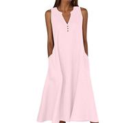 Summer Dresses for Women Cotton Linen V Neck Button Sleeveless Dress Casual Solid Maxi Loose Fit Beach Sundress with Pockets Going Out Dress Curve Pink S
