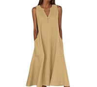 Summer Dresses for Women Cotton Linen V Neck Button Sleeveless Dress Casual Solid Maxi Loose Fit Beach Sundress with Pockets Sun Dresses for Women UK Linen Yellow XL