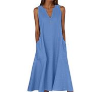 Summer Dresses for Women Cotton Linen V Neck Button Sleeveless Dress Casual Solid Maxi Loose Fit Beach Sundress with Pockets Italian Linen Dresses Blue XXL