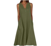 Summer Dresses for Women Cotton Linen V Neck Button Sleeveless Dress Casual Solid Maxi Loose Fit Beach Sundress with Pockets Petite Dresses for Women UK Formal Army Green S