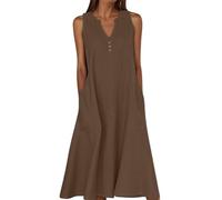 Summer Dresses for Women Cotton Linen V Neck Button Sleeveless Dress Casual Solid Maxi Loose Fit Beach Sundress with Pockets Ladies Petite Dresses with Pockets Brown S