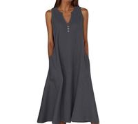 Summer Dresses for Women Cotton Linen V Neck Button Sleeveless Dress Casual Solid Maxi Loose Fit Beach Sundress with Pockets Made in Italy Linen Dresses Shift Black 3XL