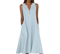 Summer Dresses for Women Cotton Linen V Neck Button Sleeveless Dress Casual Solid Maxi Loose Fit Beach Sundress with Pockets Womens Dresses for Special Occasions Sky Blue XXL