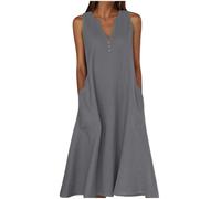 Summer Dresses for Women Cotton Linen V Neck Button Sleeveless Dress Casual Solid Maxi Loose Fit Beach Sundress with Pockets Ladies Summer Cotton Linen Italian Dresses Dark Gray 3XL
