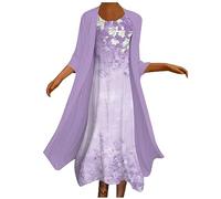Summer Dresses For Women Dress Two-Piece Set Cardigan Chiffon Lace Wedding Guest Dresses Round Neck Casual Flowy Sleeveless Long Party Beach Dress Chiffon Two-Piece Set Purple L