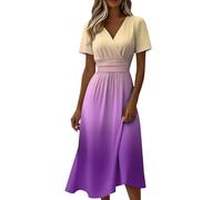 Summer Dresses for Women Elegant Empire Waist Short Sleeve V Neck Midi Dress 2026 Flowy A Line Swing Wedding Guest Wrap Dress Plus Size Cocktail Evening Prom Gowns Watermelon Red XXL