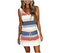 Summer Dresses for Women Fashion V Neck Striped Sleevelss Mini Dress Loose Fit Elastic Waist Ladies Beach Dress Color Block Tank with Pockets Sexy Casual Boho Dresses