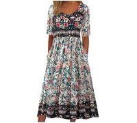 Summer Dresses for Women Ladies Maxi Dresses UK Short Sleeve U-Neck Bohemian Midi Sundress Loose Floral Print Dress Baggy Comfort Holiday Dress Beachdress
