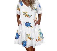 Summer Dresses for Women Ladies Midi Summer Ruffle Stripe Dress Womens V Neck Tshirt Day Dresses for Women Boho Cute Casual Holiday Beach Floral T Shirt Dresses for Women Lady Skater Dress Leaf XL