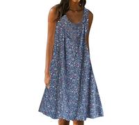 Summer Dresses for Women Loose Floral Sundress Cotton Solid Casual Dresses Ethnic Strappy A-Line Lagenlook Shirt Summer Dress for Women UK Navy