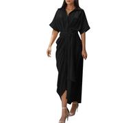 Summer Dresses for Women Loose Shirt Dress with Belts V Neck Fashion Floral Print T Shirt Long Dress Short Sleeve Summer Maxi Dresses Button Swing A Line Tunic Dress Black L
