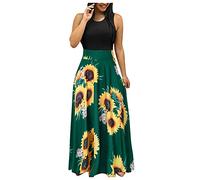 Summer Dresses for Women Maxi Boho Dresses Vintage Floral Print Cocktail Dress Short Sleeve Casual Sunflower Print Bohemian Long O Neck High Waist A-Line Elegant Sundress for Holiday Beach Party