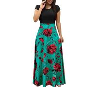 Summer Dresses for Women Maxi Boho Dresses Vintage Floral Print Cocktail Dress Short Sleeve Casual Sunflower Print Bohemian Long O Neck High Waist A-Line Elegant Sundress for Holiday Beach Party
