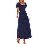 Summer Dresses for Women Maxi Eyelet Hollow Out Square Neck Puff Sleeve Smocked Wedding Guest Maxi Dress with Pockets Swing A Line Flowy Beach Vacation Evening Holiday Essentials Dresses