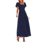 Summer Dresses for Women Maxi Eyelet Square Neck Puff Sleeve Smocked Wedding Guest Maxi Dress with Pockets Hollow Out Swing a line Flowy Beach Vacation Evening Holiday Essentials Dresses Navy