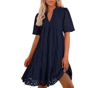 Summer Dresses for Women midi Boho v Neck Short Sleeve Hollow Out lace Ruffle Resort Casual Evening Swing a line Wedding Guest Dress Beach Holiday Essentials Vacation Dress Plus Size Navy