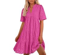 Summer Dresses for Women midi Boho v Neck Short Sleeve Hollow Out lace Ruffle Resort Casual Evening Swing a line Wedding Guest Dress Beach Holiday Essentials Vacation Dress Plus Size Hot Pink