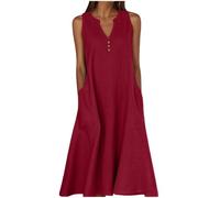 Summer Dresses for Women Over 50 UK Summer Dresses for Women UK Button V Neck Sleeveless Boho Dress Casual Cotton Linen Maxi Sundress Bohemian Holiday Clothes Wine XXL