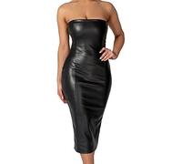Summer Dresses for Women Pu Leather Career Off The Shoulder Midi Pencil Dress Fashion Elegant Bodycon Backless Split Sexy Club Dress Wedding Guest Dresses for Women (Black, M)