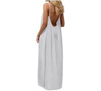 Summer Dresses for Women Sexy Spaghetti Strap Cami Solid Backless Loose Maxi Long Vacation Dress Back Tie (White, L)