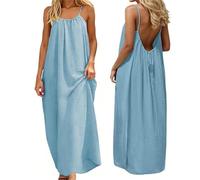 Summer Dresses for Women Sexy Spaghetti Strap Cami Solid Backless Loose Maxi Long Vacation Dress Back Tie (Blue, XL)