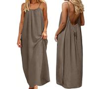 Summer Dresses for Women Sexy Spaghetti Strap Cami Solid Backless Loose Maxi Long Vacation Dress Back Tie (Brown, L)