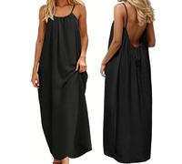 Summer Dresses for Women Sexy Spaghetti Strap Cami Solid Backless Loose Maxi Long Vacation Dress Back Tie (Black, S)