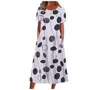 Summer Dresses for Women Short Sleeve Casual Floral Dress A Line Midi Dresses Bohemian Loose O-Neck Pleated Elegant Beach Party Holiday Dress Swing Dress with Pocket Ladies Dresses Size 8-18 Black