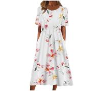 Summer Dresses for Women Short Sleeve Knee Length V Neck Beach Loose Dress with Pockets Holiday Essentials Pleated Empire Dress T-Shirt Midi Dresses Loungewear Basics Clothes