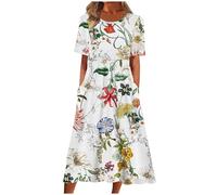 Summer Dresses for Women Short Sleeve Knee Length V Neck Beach Loose Dress with Pockets Holiday Essentials Pleated Empire Dress T-Shirt Midi Dresses Loungewear Basics Clothes