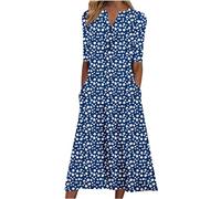Summer Dresses for Women Short Sleeve Knee Length V Neck Beach Loose Dress with Pockets Holiday Essentials Pleated Empire Dress T-Shirt Midi Dresses Loungewear Basics Clothes