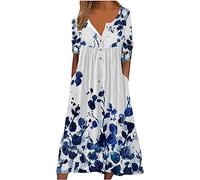 Summer Dresses for Women Short Sleeve Knee Length V Neck Beach Loose Dress with Pockets Holiday Essentials Pleated Empire Dress T-Shirt Midi Dresses Loungewear Basics Clothes