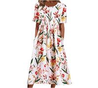 Summer Dresses for Women Short Sleeve Knee Length V Neck Beach Loose Dress with Pockets Holiday Essentials Pleated Empire Dress T-Shirt Midi Dresses Loungewear Basics Clothes