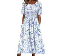 Summer Dresses for Women Short Sleeve Knee Length V Neck Beach Loose Dress with Pockets Holiday Essentials Pleated Empire Dress T-Shirt Midi Dresses Loungewear Basics Clothes