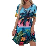 Summer Dresses for Women Sunset Beach Palm Tree Print Tropical Hawaiian Dresses Casual Pockets Boho Tshirt Sundress 21st Birthday Gifts for Her,Sky Blue,M,u2165w