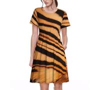 Summer Dresses for Women Tiger Striped Pattern 3D Print - Round Neck Casual T-Shirt Short Sleeve Dress Loose Swing Beach Dress with Pockets