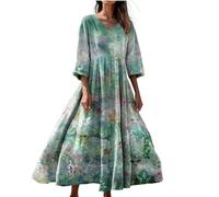 Summer Dresses for Women UK 3/4 Sleeve V Neck Plus Size Linen Dress Boho Maxi Kaftan Ladies Vintage Cotton Casual Italian Petite Swing Sundress Italy Holiday Beach Western Clothing 2026